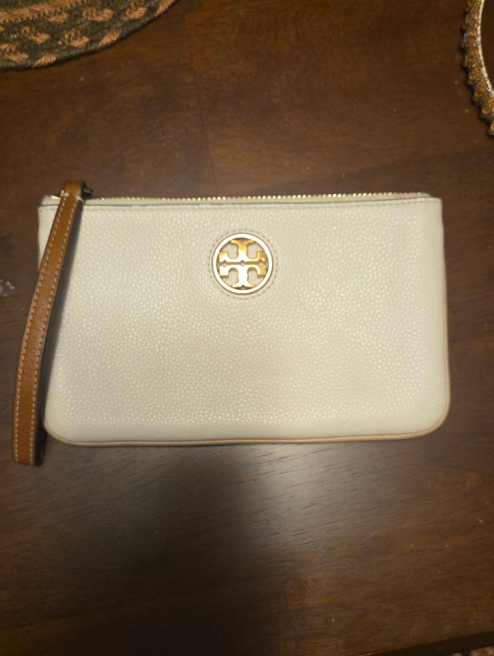 Tory Burch Cream Wristlet Clutch with Gold Logo Preloved Great Condition